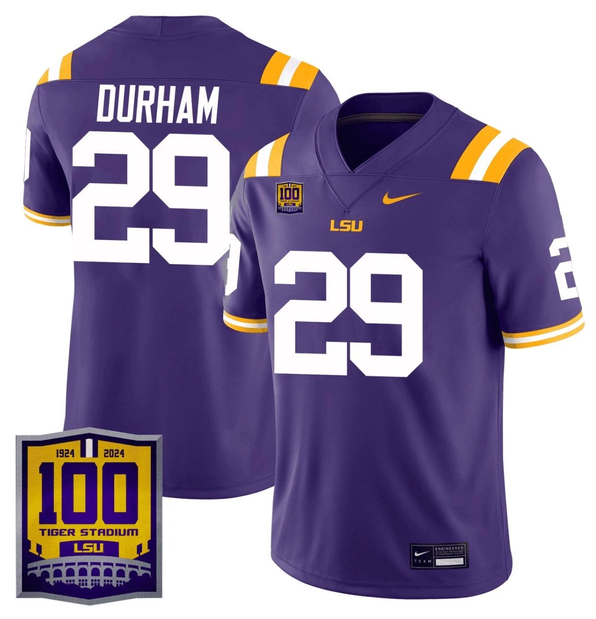 Caden Durham Jersey #29 LSU Tigers 100 Years of Tiger Stadium Patch Purple by NCAA Football Jersey