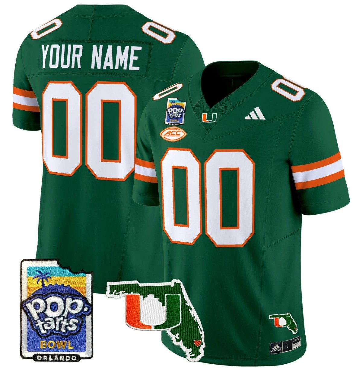 Custom Miami Hurricanes Jersey Name, Number 2025 PopTarts Bowl Patch Green by My Store