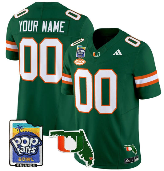 Custom Miami Hurricanes Jersey Name, Number 2025 PopTarts Bowl Patch Green by My Store