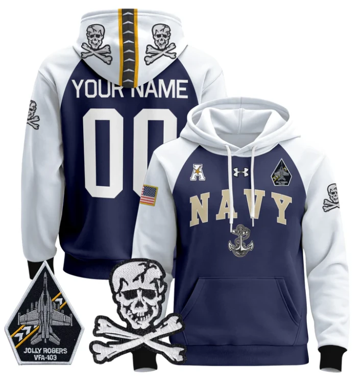 Custom Navy Midshipmen Hoodie 2024 Pullover Jolly Rogers Patch by Hoodie Pullover