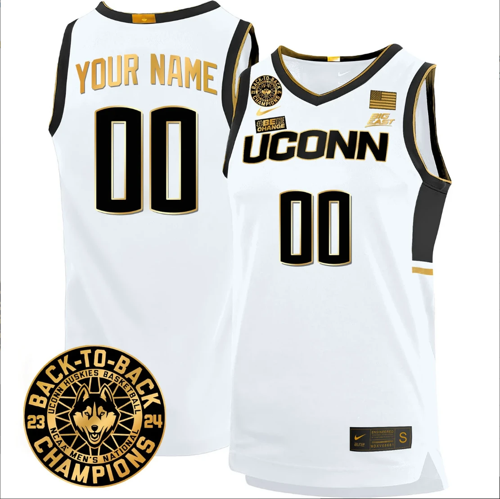 Custom UConn Huskies Basketball Jersey 2024 Back To Back Champions Patch White Gold by My store basketball
