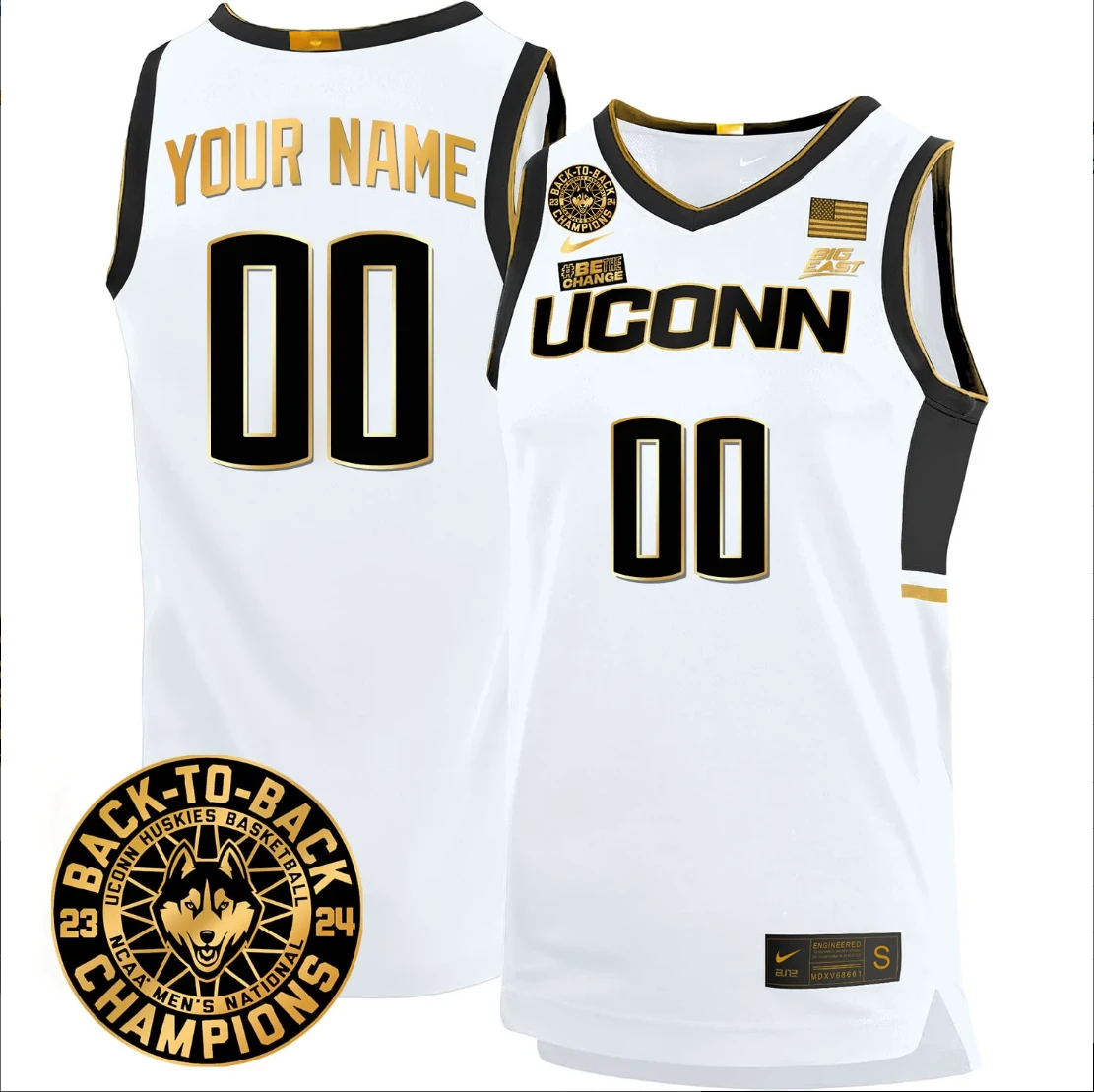 Custom UConn Huskies Basketball Jersey 2024 Back To Back Champions Patch White Gold by My store basketball