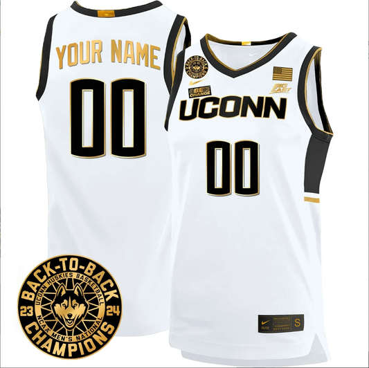 Custom UConn Huskies Basketball Jersey 2024 Back To Back Champions Patch White Gold by My store basketball