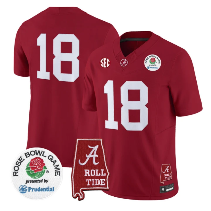 Crimson Jersey #18 Alabama Crimson Tide 2026 Rose Bowl Patch Stitched by My Store NCAA Football Jerseys
