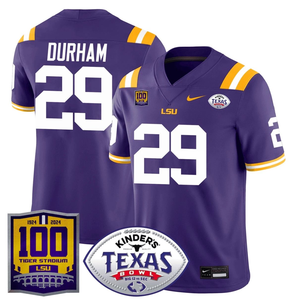 Caden Durham Jersey #29 LSU Tigers Texas Bowl Patch Football Purple by NCAA Football Jersey