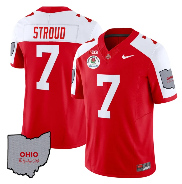 C J Stroud Jersey #7 Ohio State Rose Bowl Patch Football V3 Red Alternate by NCAA Football Jersey