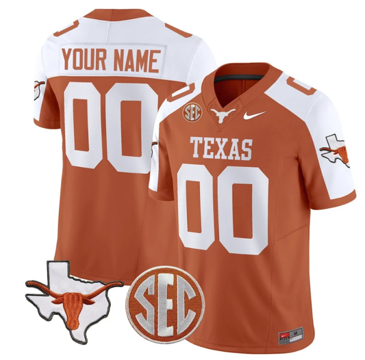 Custom Texas Longhorns Jersey Name and Number State Map and Sec Patch Vapor Limited College Football Stitched Orange Alternate by My Store