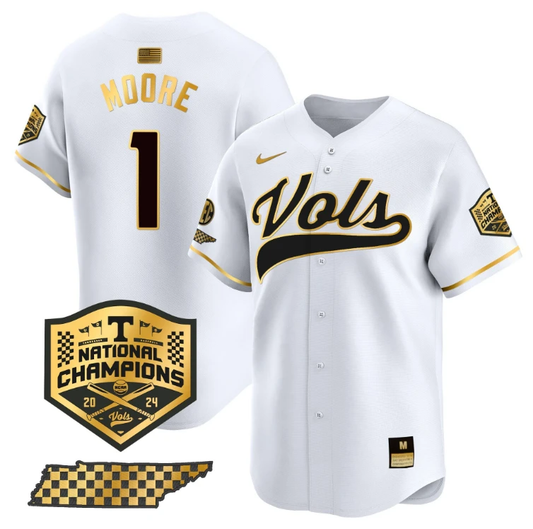 Christian Moore Jersey #1 Tennessee Volunteers Baseball 2024 Champions Vapor Premier Limited White Gold by My Store