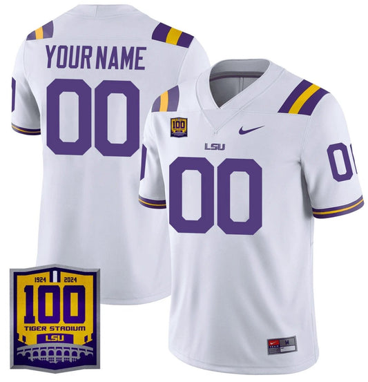 Custom LSU Tigers Jersey Name, Number 100 Years of Tiger Stadium Patch White by NCAA Football Jersey