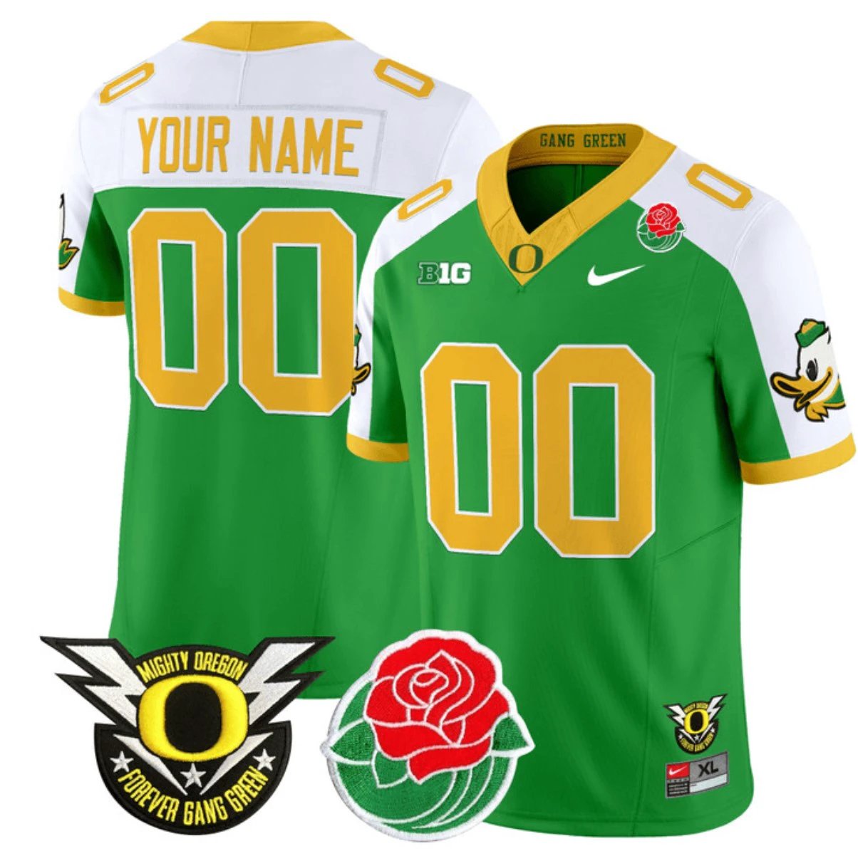 Custom Oregon Ducks Jersey Name, Number 2024 Rose Bowl Patch N1 Green Alternate by My Store