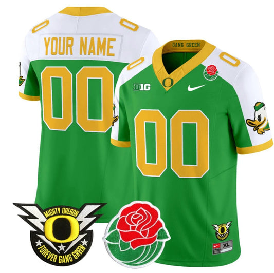Custom Oregon Ducks Jersey Name, Number 2024 Rose Bowl Patch N1 Green Alternate by My Store