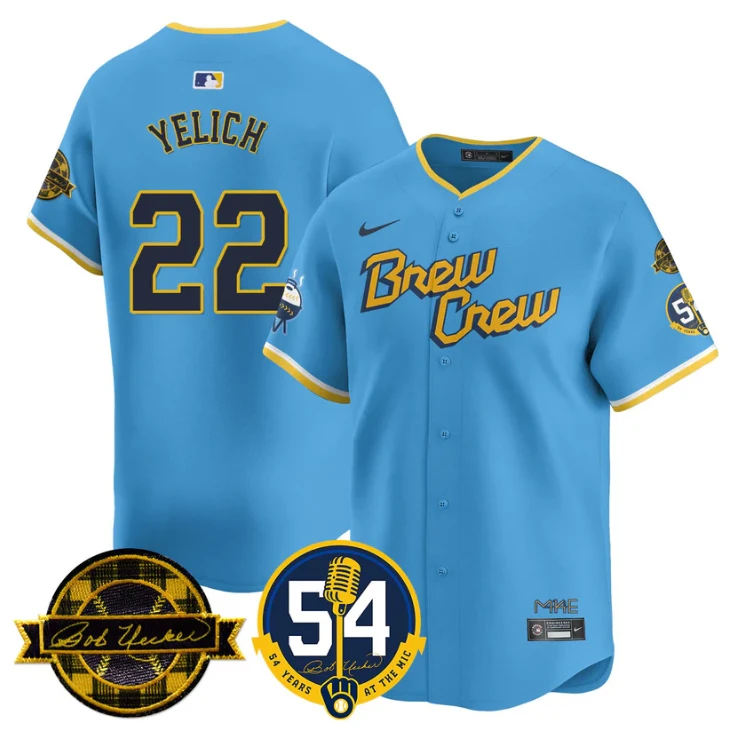 Christian Yelich Jersey #22 Milwaukee Brewers 2025 Bob Uecker, 54 Seasons for Brewers Stitched City Connect by My Store