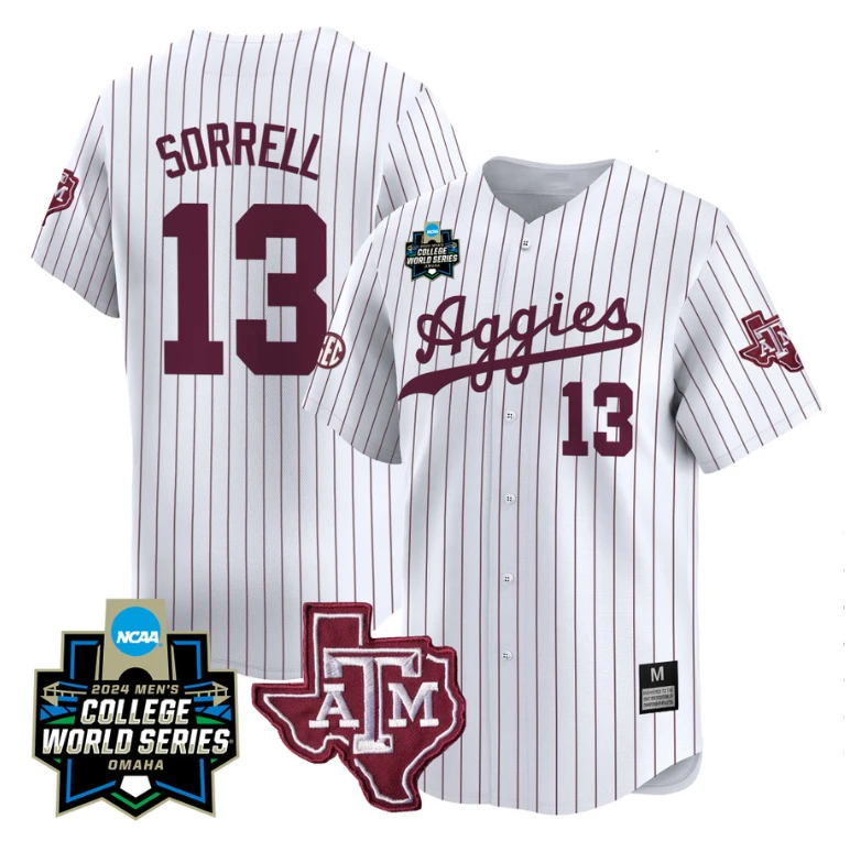 Caden Sorrell Jersey #13 Texas AM Aggies 2024 College World Series Vapor Premier Limited NCAA Baseball Stitched White Pinstripe by My Store