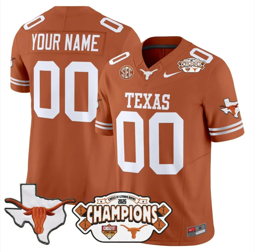 Custom Texas Longhorn Jersey 2025 State Map Citrus Bowl Champions Orange by NCAA Football Jersey