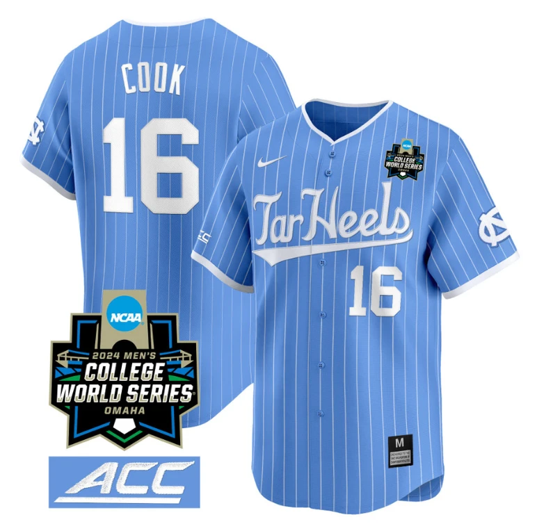 Casey Cook Jersey #16 North Carolina Tar Heels 2024 College World Series Vapor Premier Limited NCAA Baseball Stitched Blue Pinstripe by My Store