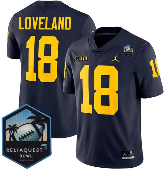 Colston Loveland Jersey #18 Michigan Wolverines ReliaQuest Bowl Patch Navy by NCAA Football Jersey
