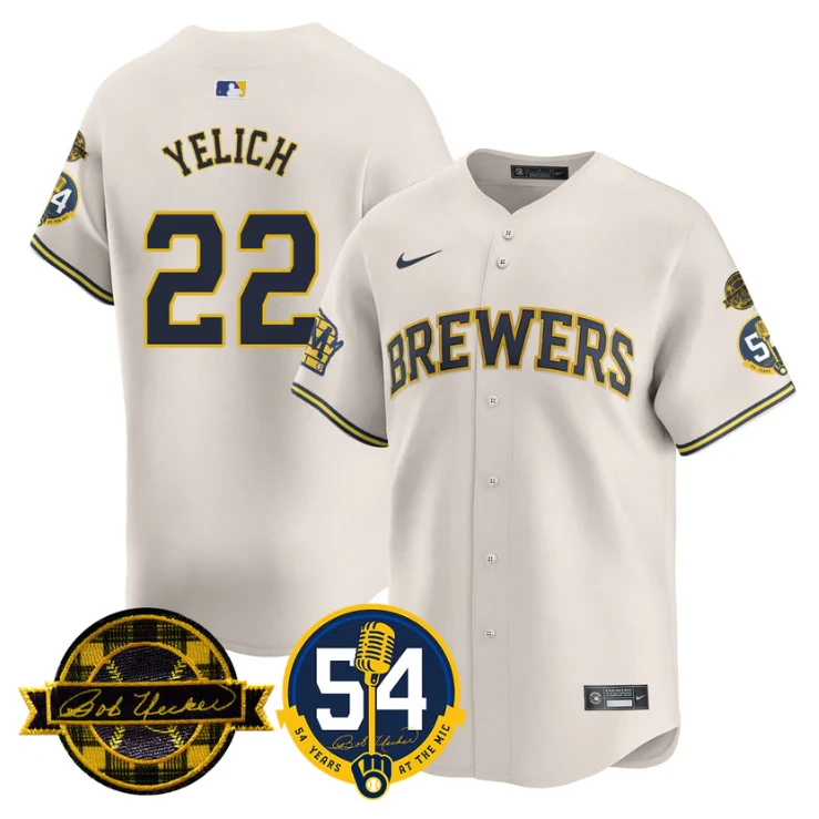 Christian Yelich Jersey #22 Milwaukee Brewers 2025 Bob Uecker, 54 Seasons for Brewers Stitched Cream by My Store