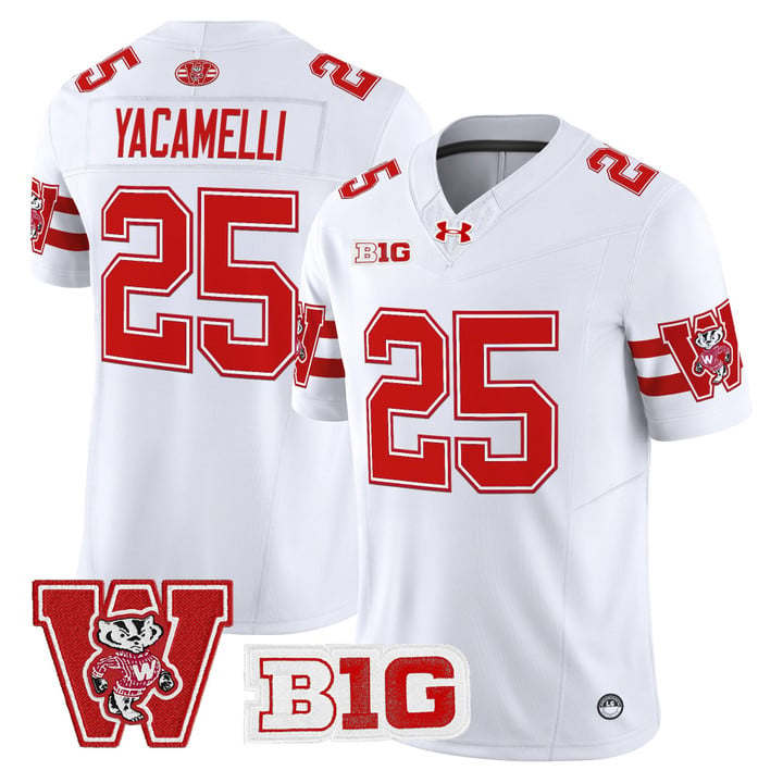 Cade Yacamelli Jersey #25 Wisconsin Badgers Throwback Stitched White by My Store NCAA Football Jerseys