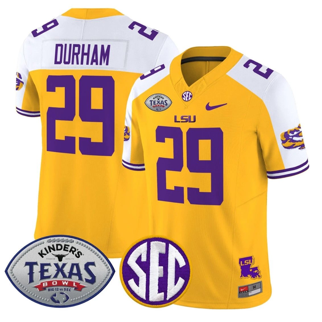 Caden Durham Jersey #29 LSU Tigers 2025 Texas Bowl Vapor Stitched Gold Alternate by NCAA Football Jersey
