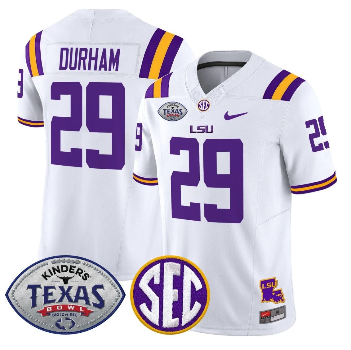 Caden Durham Jersey #29 LSU Tigers 2025 Texas Bowl Vapor Stitched White by NCAA Football Jersey