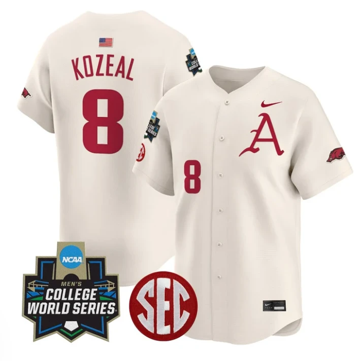 Cam Kozeal Jersey #8 Arkansas Razorbacks 2025 World Series Stitched Cream by My Store
