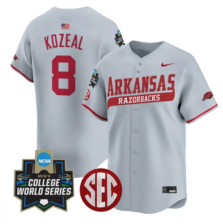 Cam Kozeal Jersey #8 Arkansas Razorbacks 2025 World Series Stitched Gray by My Store