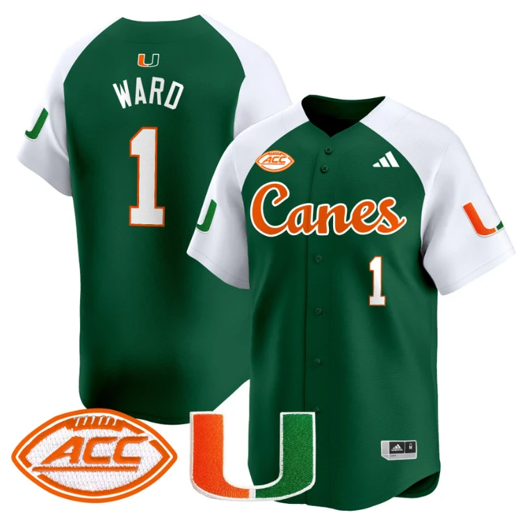 Cam Ward Jersey #1 Miami Hurricanes 2024 Baseball V2 Stitched Green Alternate by My Store
