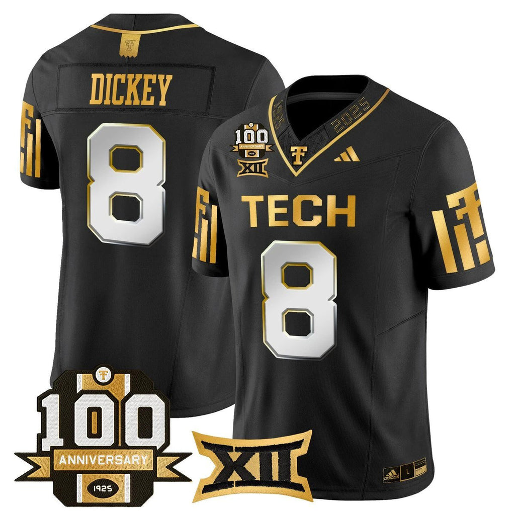 Cameron Dickey Jersey #8 Texas Tech 2025 100th Anniversary Stitched Black Limited by My Store NCAA Football Jerseys