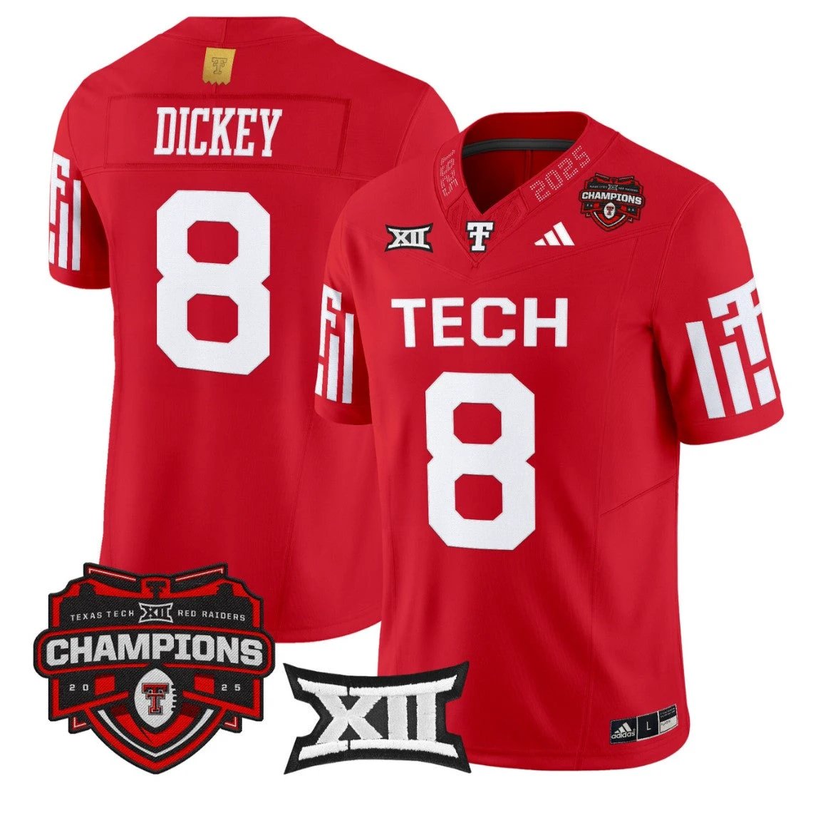 Cameron Dickey Jersey #8 Texas Tech 2025 Big 12 Champions Stitched Red by NCAA Football Jersey