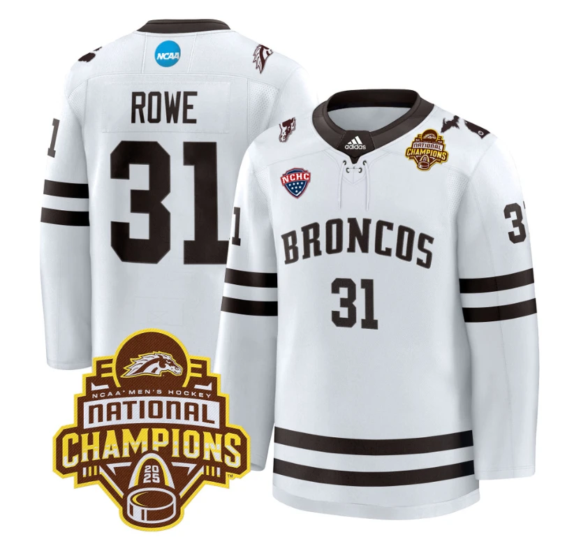 Cameron Rowe Jersey #31 Western Michigan Broncos 2025 National Champions Patch Premium Stitched White by Hockey David