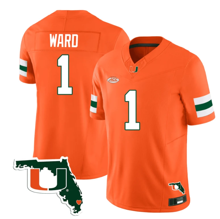 Cameron Ward Jersey #1 Miami Hurricanes Florida Map College Football Stitched Orange by My Store