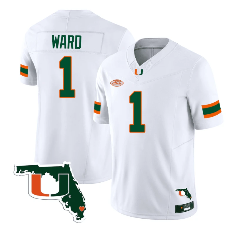 Cameron Ward Jersey #1 Miami Hurricanes Florida Map College Football Stitched White by My Store