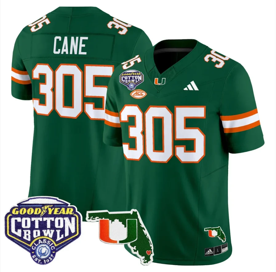 Cane Jersey #305 Miami Hurricanes 2025 Cotton Bowl Florida Patch Stitched Green by NCAA Football Jersey