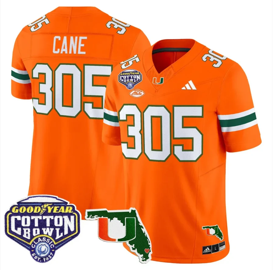 Cane Jersey #305 Miami Hurricanes 2025 Cotton Bowl Florida Patch Stitched Orange by NCAA Football Jersey