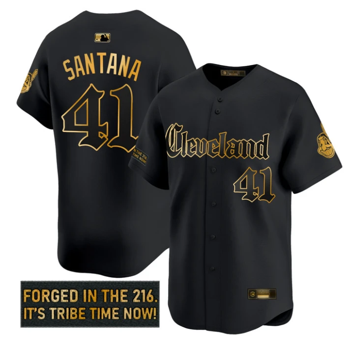 Carlos Santana Jersey #41 Cleveland Indians Gothic Iron Edition Black Gold by My Store