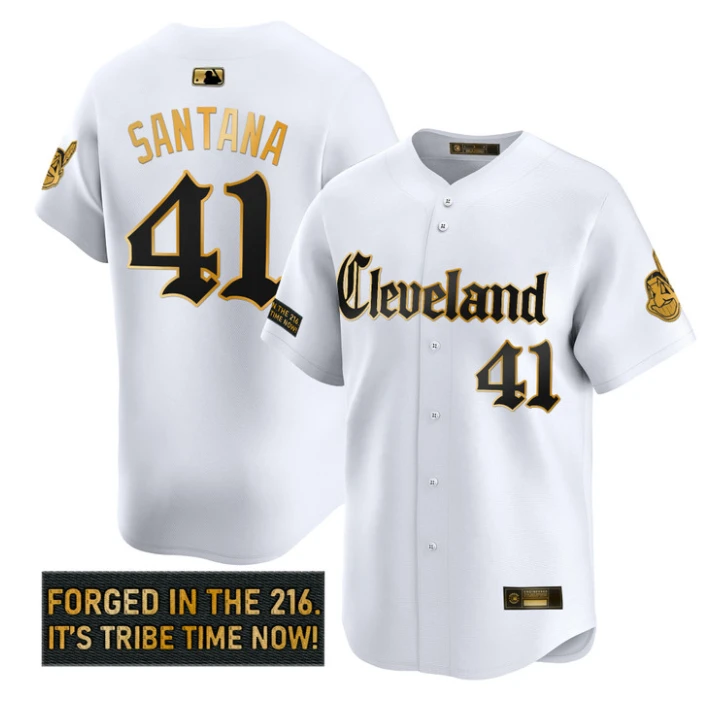 Carlos Santana Jersey #41 Cleveland Indians Gothic Iron Edition White Gold by My Store