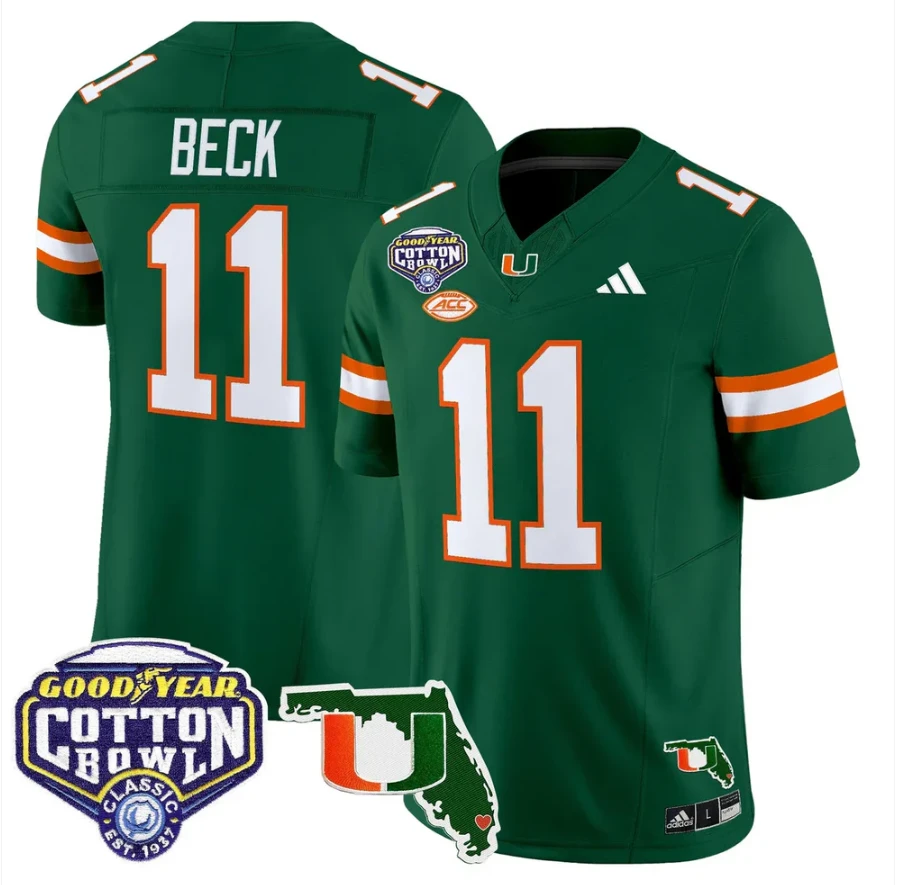 Carson Beck Jersey #11 Miami Hurricanes 2025 Cotton Bowl Florida Patch Green by NCAA Football Jersey