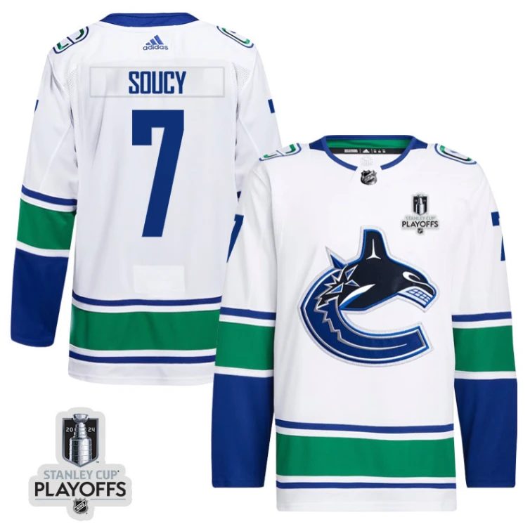 Carson Soucy 7 Vancouver Canucks 2024 NHL Playoffs Patch Away Jersey - Men, White by Hockey David
