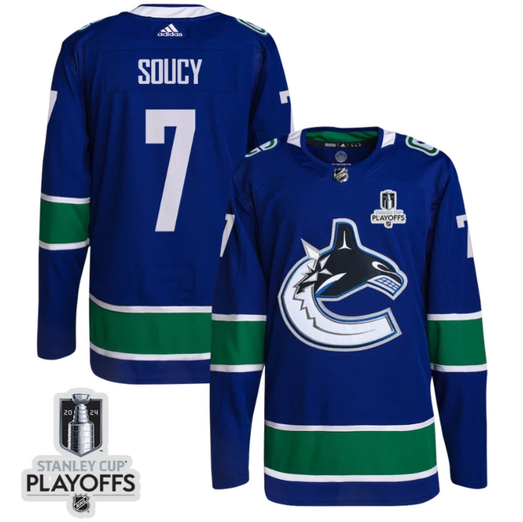 Carson Soucy 7 Vancouver Canucks 2024 NHL Playoffs Patch Home Jersey - Men, Blue by Hockey David