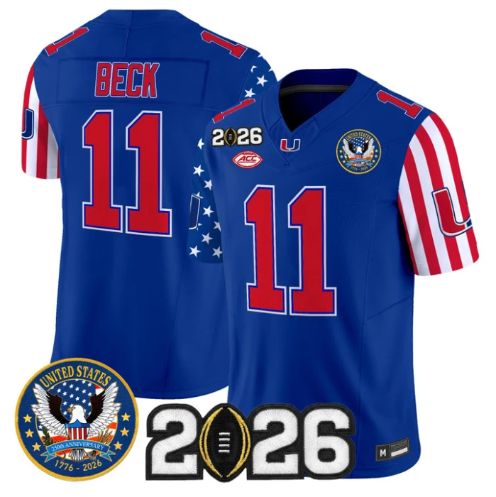 Carson Beck Jersey #11 Miami Hurricanes America 250 Edition 2026 CFP Patch Stitched by My Store NCAA Football Jerseys