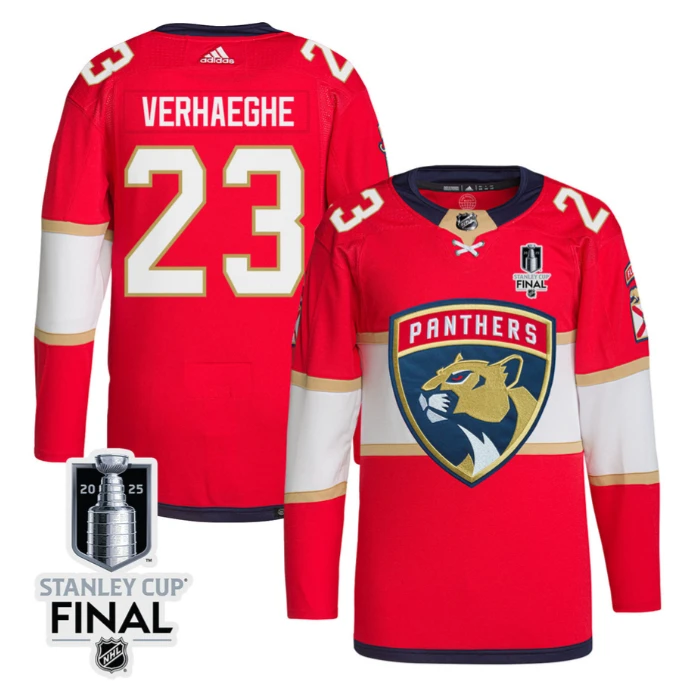 Carter Verhaeghe 23 Florida Panthers 2025 STANLEY CUP Final Patch Home Men Jersey Red by Hockey David