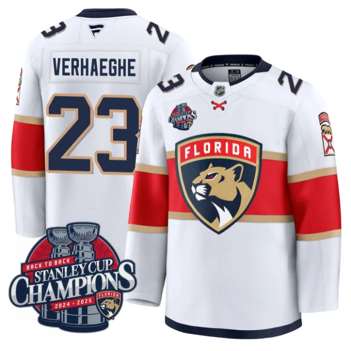 Carter Verhaeghe Jersey #23 Florida Panthers 2025 Stanley Cup Back To Back White by Hockey David