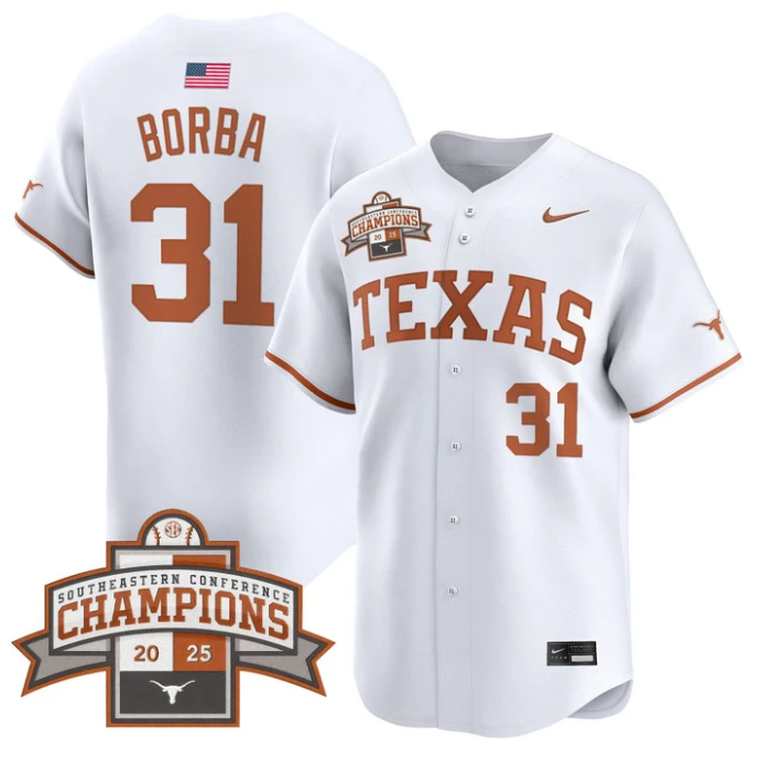 Casey Borba Jersey #31 Texas Longhorns 2025 Southeastern Champions Vapor Stitched White by My Store