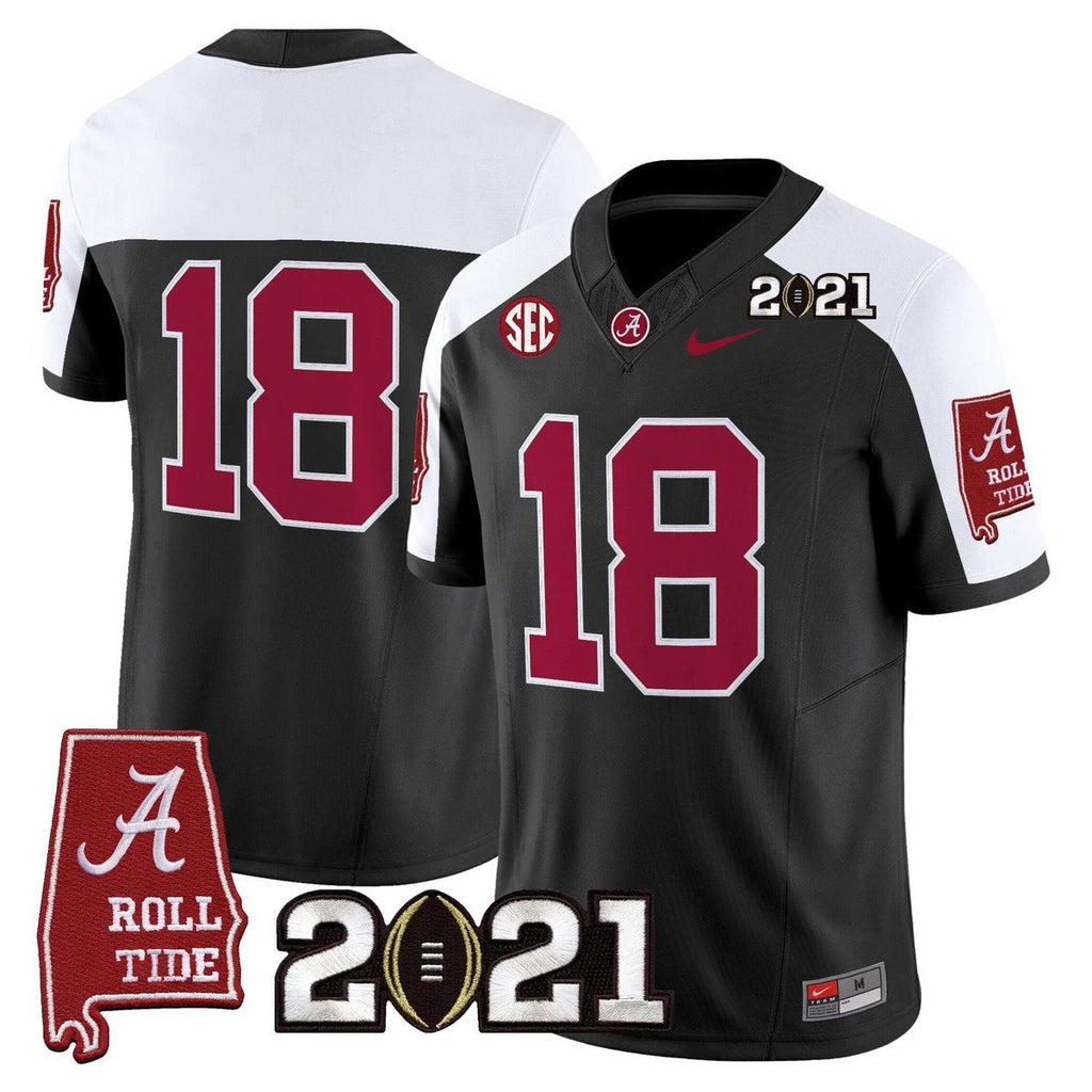 Champions Jersey #18 Alabama 2021 CFP Championship Alabama Map Black Alter by My Store NCAA Football Jerseys