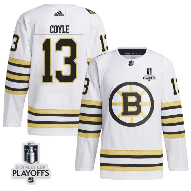 Charlie Coyle 13 Boston Bruins 2024 NHL Playoffs Patch Away Jersey - Men, White by Hockey David