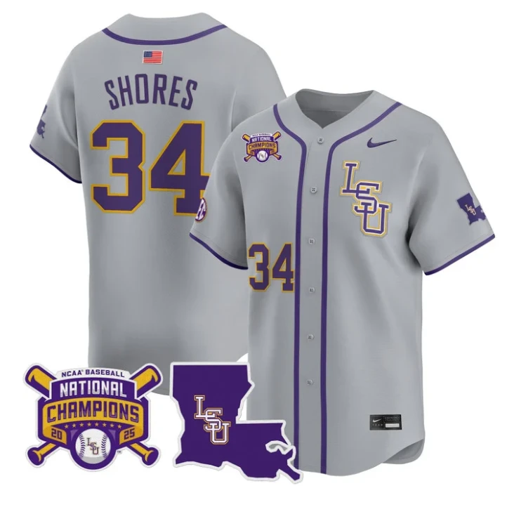 Chase Shores Jersey #34 LSU Tigers 2025 World Series Champions Stitched Gray by My Store