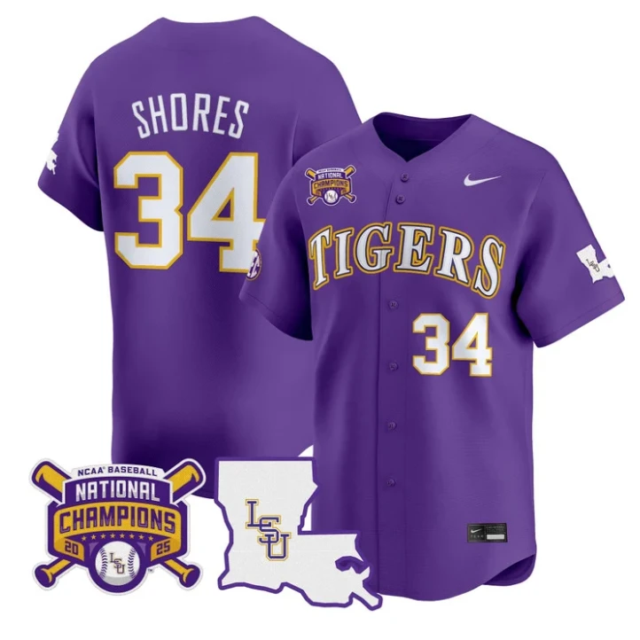 Chase Shores Jersey #34 LSU Tigers 2025 World Series Champions Stitched Purple by My Store