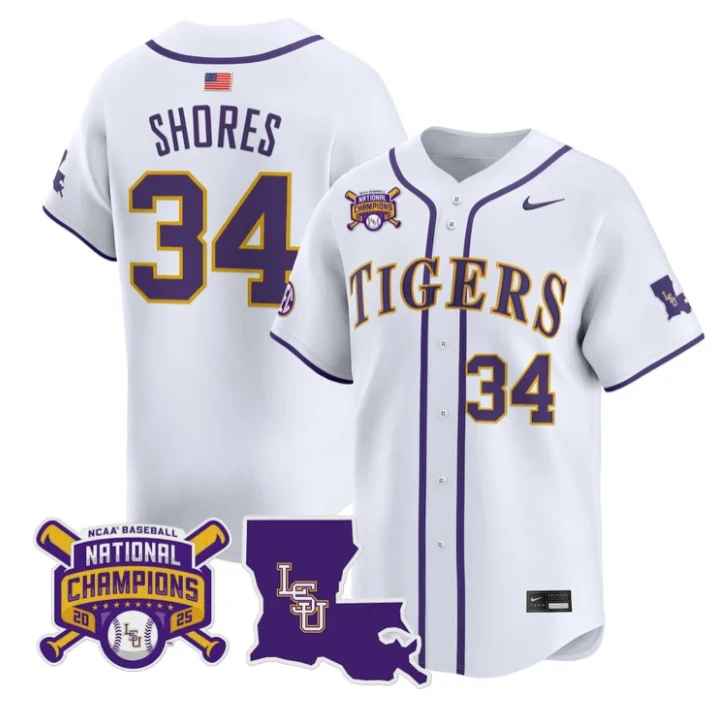 Chase Shores Jersey #34 LSU Tigers 2025 World Series Champions Stitched White by My Store