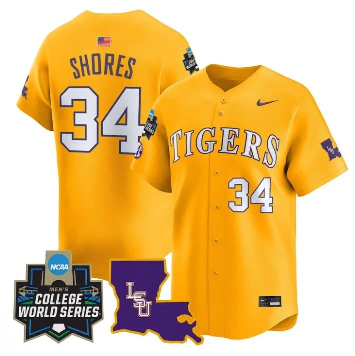 Chase Shores Jersey #34 LSU Tigers 2025 World Series Stitched Gold by My Store