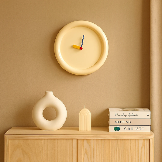 Colorful geometric wall clocks in Memphis style with bold artistic design Bowlift by Bowlift
